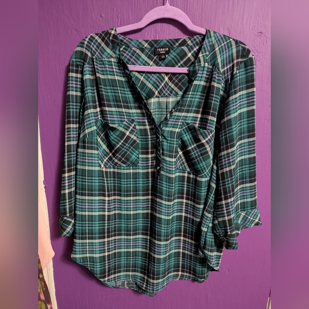 Torrid Harper Blue Plaid 3/4 Sleeve Pullover Blouse 1X 14 16 - Picture 3 of 5